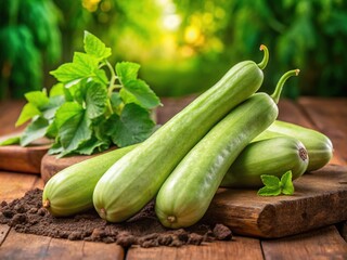 Obraz premium Freshly harvested light green lauki, also known as bottle gourd, laid out on a rustic wooden table amidst vibrant green leaves and earthy brown soil tones.