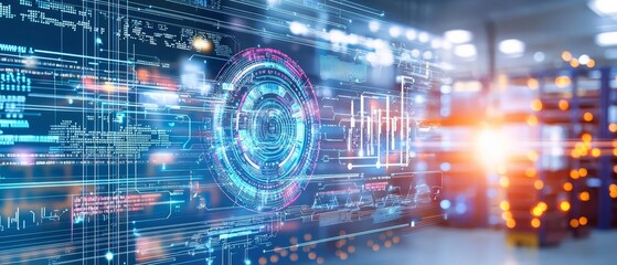 Fototapeta premium A hightech warehouse where artificial intelligence, machine learning, and robotics come together to optimize inventory management through datadriven research and analytics