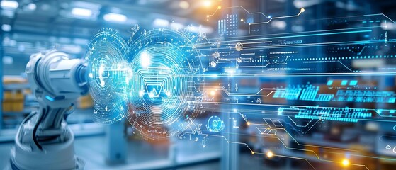 A hightech warehouse where artificial intelligence, machine learning, and robotics come together to optimize inventory management through datadriven research and analytics