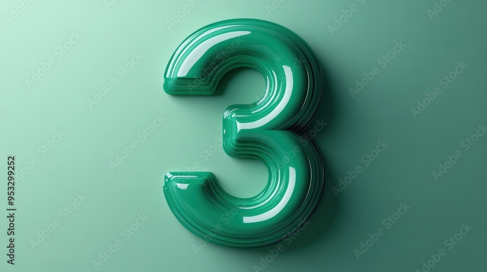 Poster glossy green number 3 floating against a monochromatic background
