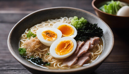 A close-up shot of a steaming bowl of gourmet ramen. The broth is rich and golden, with thin noodles
