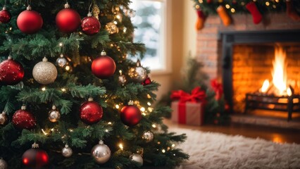 Beautifully decorated Christmas tree with sparkling decorations and twinkling lights on a warm and attractive background. With a place to copy the text.