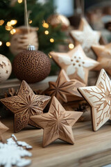 Decorative Wooden Stars,  A set of beautifully crafted wooden stars with detailed patterns and natural textures, ideal for enhancing seasonal decorations
