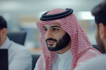 Bearded Arab man in traditional attire working in a contemporary office environment, exuding professionalism and confidence.