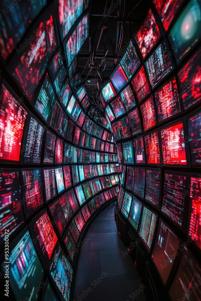 Poster digital tornado, a tornado of data streams is wreaking havoc in a digital lab, with screens displayi
