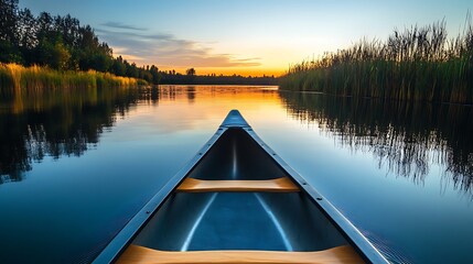 A tranquil river at dusk with reflections of the setting sun on the water and a canoe gently drifting