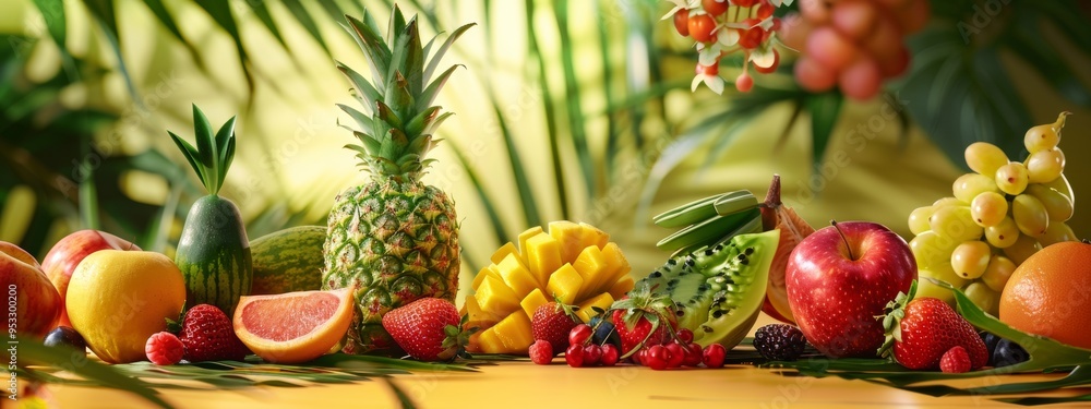 Wall mural exotic fruit selection in a tropical setting with natural greenery