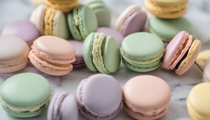 Obraz premium A delightful arrangement of colorful macarons in pastel shades of pink, yellow, lavender, and mint g