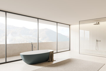 Modern bathroom with large windows and a bathtub in the foreground. 3D Rendering