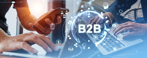 Business people using devices, b2b icons hologram icons and marketing
