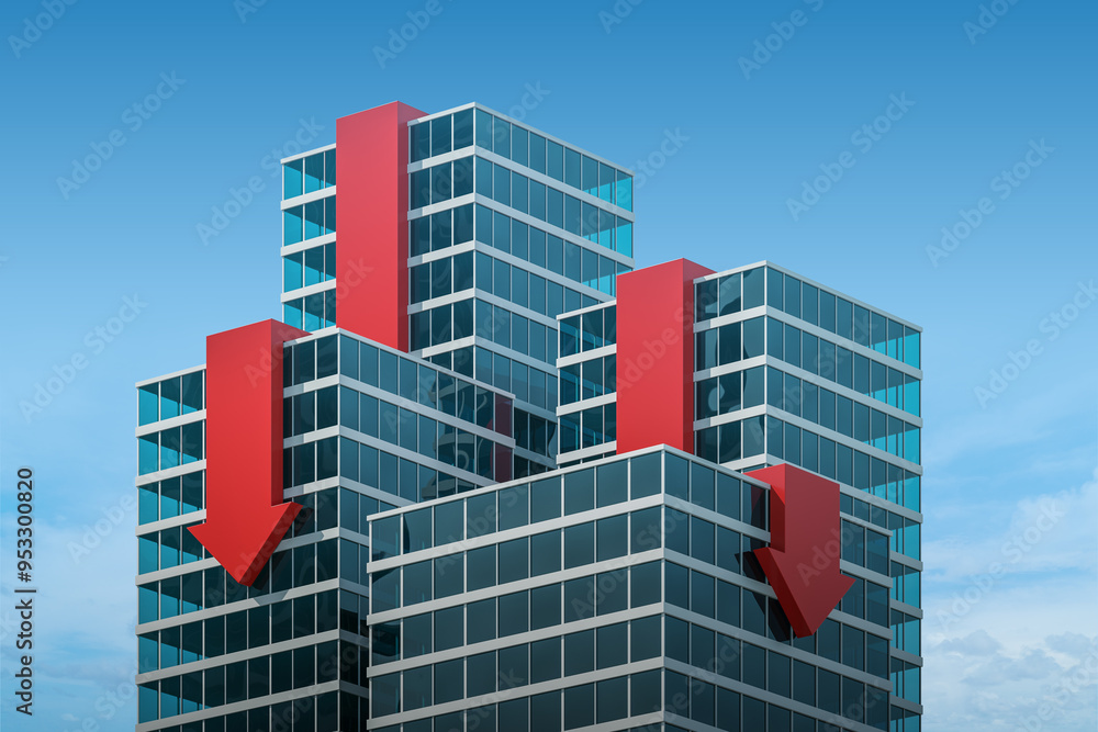 Poster office buildings with downward arrows symbolizing decline. 3d rendering