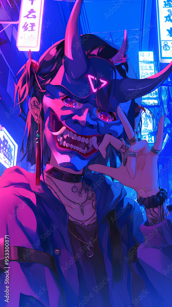 Poster oni mask sign pose cyberpunk anime boy head design, profile view with generated ai