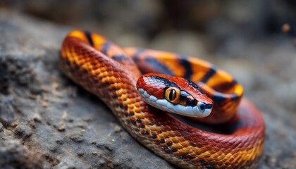 Obraz premium A detailed close-up of a brightly colored snake, with its head in sharp focus and scales reflecting