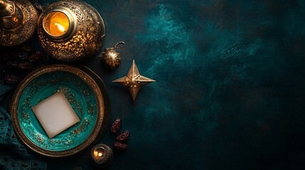 Fototapeta premium Elegant evening setting with ornate lanterns, a turquoise plate, and dates, creating a warm, inviting atmosphere.