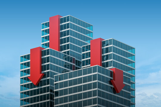 Office buildings with downward arrows symbolizing decline. 3D Rendering