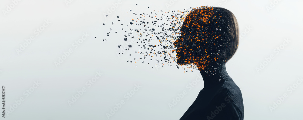 Poster abstract digital transformation concept with fragmented human head dissolving into small particles o