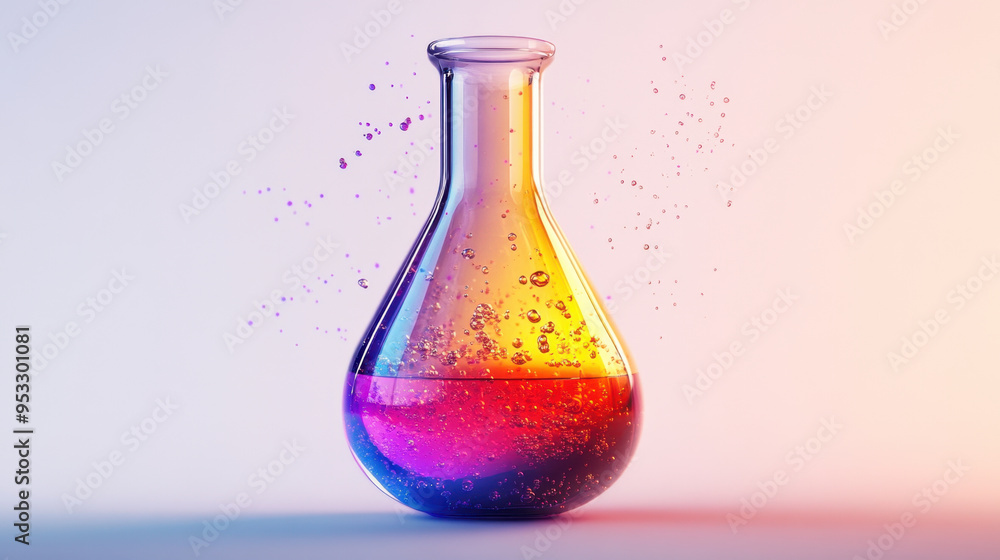 Poster colorful flask, a vibrant laboratory flask filled with a bubbling liquid and floating particles, set