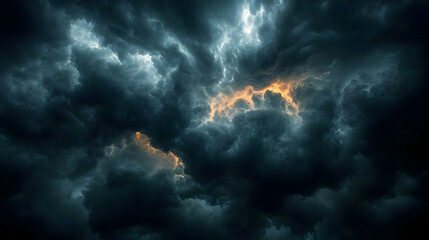 Fototapeta premium Dark stormy clouds with a bright orange glow in the center.