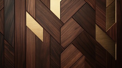 Abstract dark wood paneling with gold accents, creating a geometric pattern.