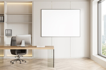 Ceo interior desk with pc desktop and shelf, panoramic window. Mockup frame