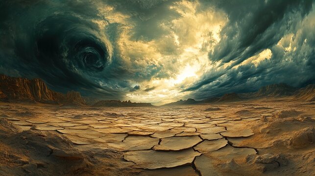 The image depicts a vast, arid desert landscape with cracked, parched earth extending to the horizon. The terrain is rugged, with rocky outcrops and mountainous formations in the background. Above, a 