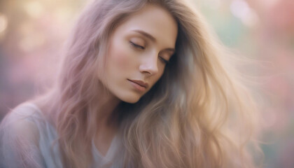 Naklejka premium A dreamy, soft-focus portrait of a woman with long, flowing hair, bathed in diffused light. The back