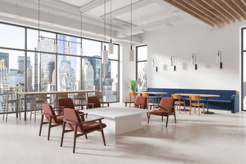 Stylish cafe interior with eating tables and soft place, panoramic window
