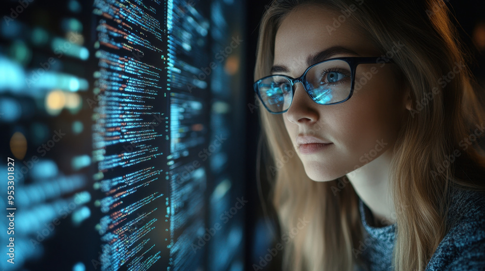 Aufkleber woman programmer, a woman in glasses works on coding and data analytics, researching cybersecurity o