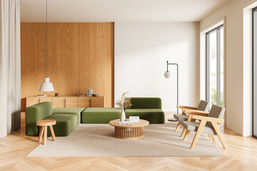 Modern living room with green sofa and wooden accents. 3D Rendering