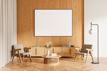 Wooden home living room interior with chill zone and drawer, mockup frame