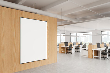 Modern office room interior with coworking zone and window. Mockup frame