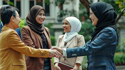 Global Business Connections: Two diverse businesswomen, adorned in hijabs, shake hands, signifying a successful deal and international partnership in the modern business world. 