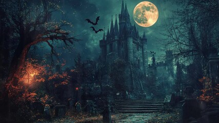 Haunted Castle in the Woods with a Full Moon and Bats Flying Overhead at Night, Halloween Atmosphere Background Animation