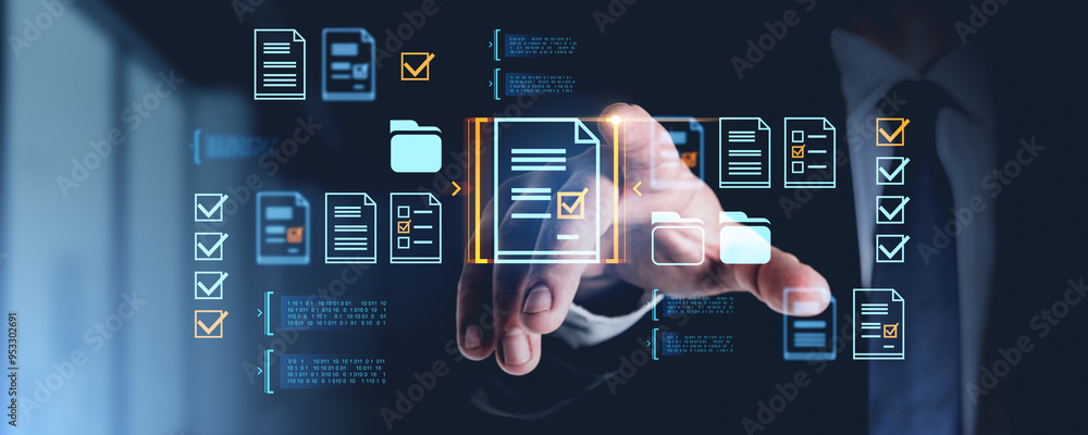 Aufkleber digital document management interface with transparent icons.