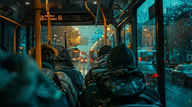 going to work by the bus, people inside the bus wearing warm clothes
