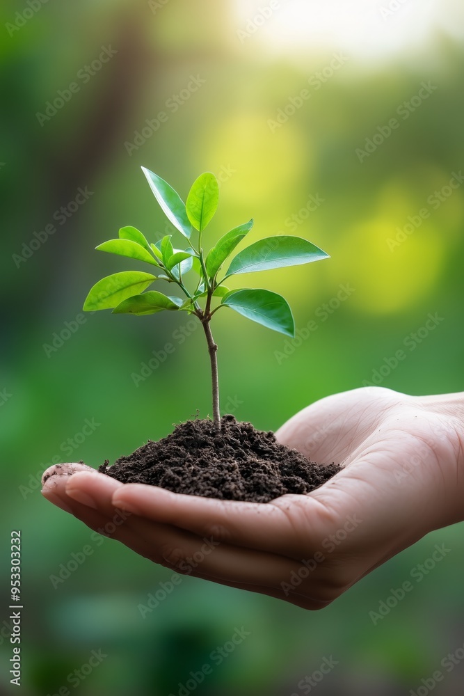 Wall mural a close-up of a hand gently holding a young green seedling in fresh soil, against a blurred natural 