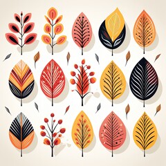 Fototapeta premium Minimalistic Collection of Leaves in Flat Style on White Background
