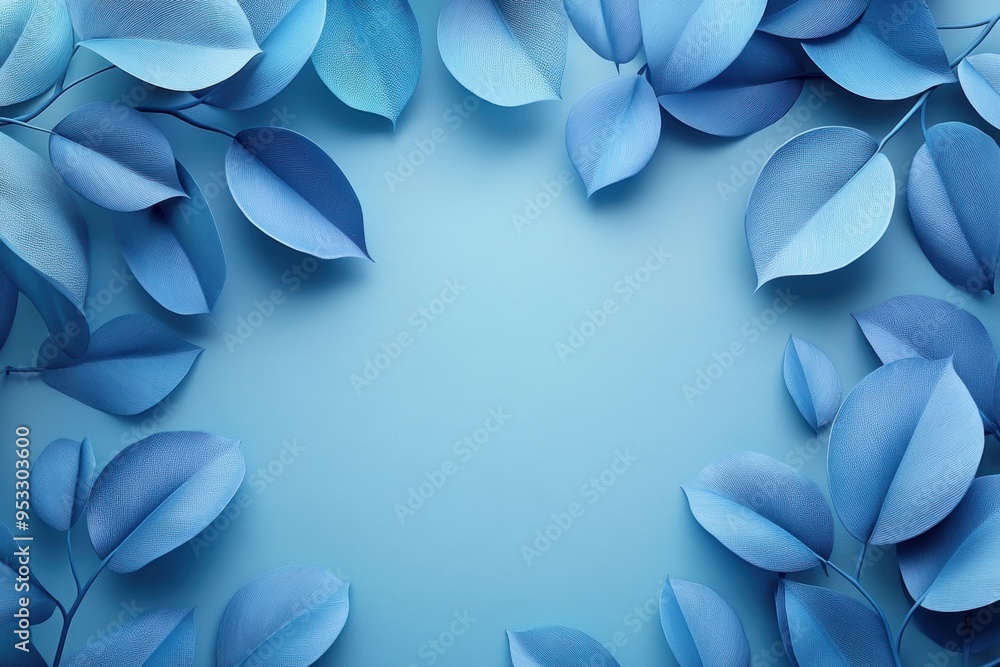 Wall mural Blue tropical leaves on background. Top view. Copy space. Banner design. Minimalist. Summer wallpaper