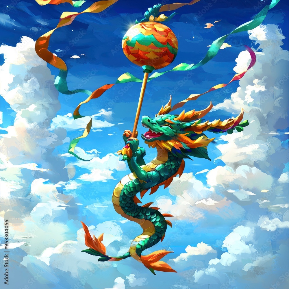 Poster dragon kite flying high in the sky