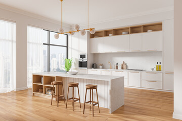 Modern kitchen interior with island and bar stools in daylight. 3D Rendering