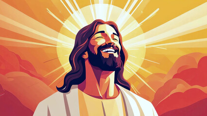 Jesus Christ in cartoon flat design style smiling with rays of light on isolated background new beautiful stock image illustration AI