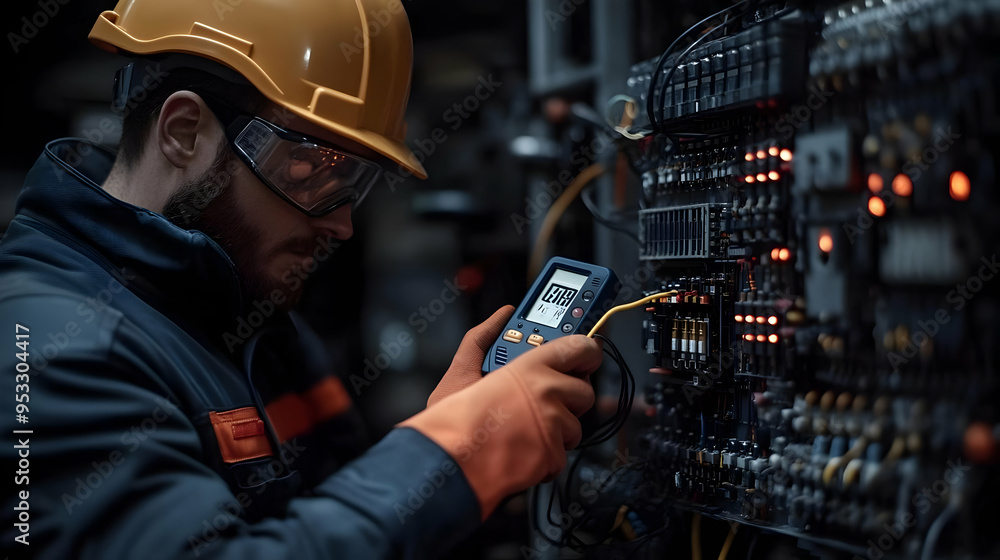 Aufkleber electrician in protective gear testing a circuit board with a digital meter.