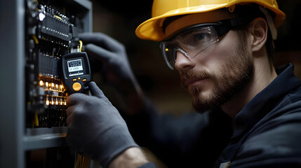 Electrician checking electrical panel with a digital multimeter.