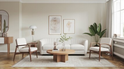 Fototapeta premium Minimalist Living Room Interior Design with White Sofa and Wooden Coffee Table.
