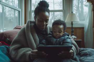 Cozy Morning with Mother and Child Using Tablet Indoors