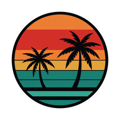 Retro vector illustration of a sunset with palm trees, gradient backdrop