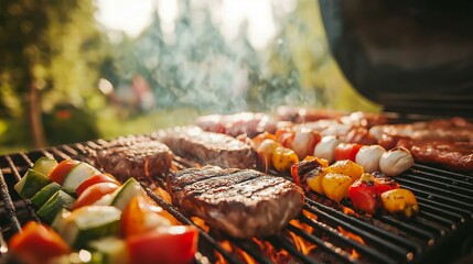 Sizzling Summer Barbecue Scene with Juicy Meats and Vegetables on a Grill in a Sunny Backyard