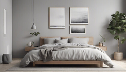 A minimalist, Scandinavian-inspired bedroom featuring a neutral color palette. The room includes a s