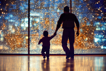Father and Child Looking Out at City Lights Through Large Window