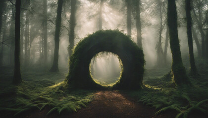 A mystical forest scene at dawn, with soft rays of light filtering through the dense trees. In the m